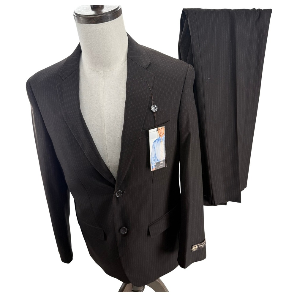 Caravelli Italy Mens Pinstripe Brown Suit Blazer 40R Unhemmed Pants‎ 30x 34 NEW